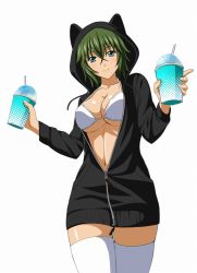 Rule 34 | 00s, 1girl, bra, breasts, cup, dessert, food, green hair, ikkitousen, kyocho chuukou, large breasts, looking at viewer, official art, shaved ice, smile, solo, standing, thighhighs, underwear, white background
