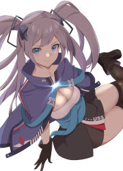 Rule 34 | 1girl, absurdres, arm support, azur lane, backlighting, black gloves, black skirt, black thighhighs, blue capelet, blue eyes, blush, breasts, capelet, cleavage, clothes writing, commentary request, gloves, glowing, grey hair, hair ornament, haneramu, highres, intrepid (azur lane), large breasts, long hair, looking at viewer, sidelocks, simple background, sitting, skindentation, skirt, smile, solo, strap, taut clothes, thighhighs, twintails, very long hair, white background, yokozuwari, zettai ryouiki