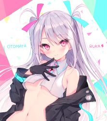 Rule 34 | 1girl, armpit crease, bad id, bad pixiv id, bare shoulders, belt, black coat, black gloves, blue ribbon, blush, breasts, brooch, character name, closed mouth, coat, commentary request, crop top, crop top overhang, gloves, glowing, hair ribbon, hand up, indie virtual youtuber, jewelry, long hair, long sleeves, looking at viewer, midriff, navel, neon trim, no bra, off shoulder, open clothes, open coat, otomata ruka, pink eyes, pink ribbon, ribbon, rurudo, sidelocks, silver hair, sleeveless, small breasts, smile, solo, stomach, two side up, underboob, upper body, virtual youtuber, wing collar