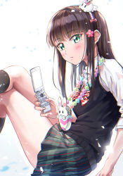 Rule 34 | 1girl, black skirt, blush, bow, bowtie, cellphone, collared shirt, crossed legs, easter, flip phone, flower, from side, hair flower, hair ornament, highres, holding, holding phone, jewelry, kurosawa dia, looking at viewer, love live!, love live! school idol festival, love live! sunshine!!, mole, mole under mouth, nail polish, necklace, phone, pink flower, pink nails, pleated skirt, rabbit, red bow, red bowtie, shaka (staito0515), shirt, sitting, skirt, solo, striped bow, striped bowtie, striped clothes, striped neckwear, striped skirt, sweater vest, white shirt