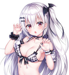 Rule 34 | 1girl, arm up, bare shoulders, bat hair ornament, bikini, black bow, black choker, black scrunchie, blush, bow, breasts, chestnut mouth, choker, cleavage, collarbone, commentary request, detached sleeves, fang, hair between eyes, hair ornament, hand up, long hair, looking at viewer, medium breasts, mitsuba choco, one side up, original, parted lips, plaid, plaid bikini, puffy short sleeves, puffy sleeves, red eyes, scrunchie, short sleeves, silver hair, simple background, solo, swimsuit, very long hair, white background, wrist cuffs, wrist scrunchie