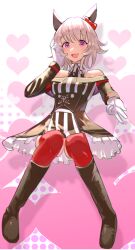 Rule 34 | 1girl, animal ears, bare shoulders, black dress, black footwear, blush, boots, bow, commentary request, curren chan (umamusume), dress, ear bow, ear covers, gloves, grey hair, heart, heart background, highres, horse ears, horse girl, knee boots, long sleeves, looking at viewer, open mouth, petticoat, pink background, purple eyes, red bow, red thighhighs, short hair, smile, solo, solokitsune, striped clothes, striped dress, thighhighs, two-tone background, umamusume, v, white background, white gloves