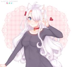 Rule 34 | :3, ahoge, animal ear fluff, animal ears, artist name, black dress, blue eyes, blush, bow, breasts, cat ears, collar, collarbone, commentary, commission, dress, english commentary, hair bow, hair over one eye, heart, heart-shaped pupils, highres, instagram logo, large breasts, long hair, long sleeves, looking at viewer, navel, original, puppypaww, red collar, solo, symbol-shaped pupils, tail, twitter logo, upper body, wavy hair, white hair