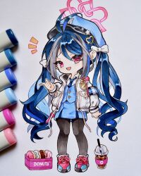 Rule 34 | 1girl, armband, art tools in frame, blue archive, blue hair, blue hat, blue necktie, blue skirt, blue vest, bow, chibi, cup, disposable cup, doughnut, drinking straw, food, fubuki (blue archive), full body, grey background, grey hair, grey jacket, hair bow, hair ornament, halo, hat, head tilt, heart, heart hair ornament, highres, jacket, marker (medium), multicolored hair, necktie, pointing, police badge, police hat, popi (maqu2 berry), shoes, skirt, smile, smug, sneakers, solo, streaked hair, traditional media, vest, white bow