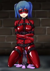 Rule 34 | 1girl, bdsm, belt, blindfold, blue hair, bodysuit, bondage, bound, breasts, character request, collar, female focus, highres, latex, latex suit, sex toy, shiny clothes, skin tight, straitjacket, tamakko, vibrator