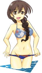 Rule 34 | 1girl, :d, bare shoulders, bikini, bikini pull, black ribbon, blue bikini, braid, breasts, brown eyes, brown hair, cleavage, clothes pull, commentary request, cowboy shot, emblem, front-tie bikini top, front-tie top, girls und panzer, gluteal fold, groin, hair ornament, hair over shoulder, hair ribbon, hairclip, long hair, looking at viewer, medium breasts, navel, one-hour drawing challenge, open mouth, partial commentary, print swimsuit, pulling own clothes, ribbon, rukuriri (girls und panzer), rukuriritea, simple background, single braid, smile, solo, st. gloriana&#039;s (emblem), standing, swimsuit, thigh gap, wading, water, white background