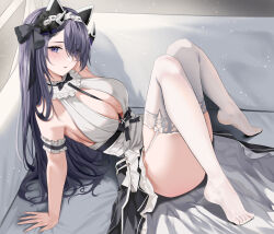 Rule 34 | 1girl, absurdres, arm cuffs, august von parseval (azur lane), august von parseval (the conquered unhulde) (azur lane), azur lane, bare shoulders, black bow, blush, bow, breasts, dlnk, eyes visible through hair, garter straps, hair bow, hair over one eye, highres, horns, lace, lace-trimmed thighhighs, large breasts, long hair, looking at viewer, looking to the side, looking up, maid, parted lips, purple eyes, purple hair, solo, thighhighs, white thighhighs