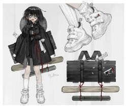 Rule 34 | 1boy, :d, androgynous, arms at sides, bandaid, bandaid on leg, black eyes, black hair, black jacket, black ribbon, border, bright pupils, character sheet, commentary request, container, frost fog, full body, grey background, grey hair, hat on back, highres, jacket, long sleeves, looking at viewer, male focus, medium hair, multiple views, open mouth, original, pouch, ribbed socks, ribbon, short hair, simple background, single loose sock, smile, socks, standing, straight-on, tassel, white border, white footwear, white pupils, white sneakers, white socks, wide sleeves