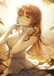 Rule 34 | 1girl, absurdres, backlighting, bare shoulders, blush, braid, breasts, brown hair, choker, cleavage, collarbone, cowboy shot, dress, elbow gloves, flower, ggatip, gloves, green eyes, hair flower, hair ornament, hands up, highres, huge filesize, large breasts, long hair, original, parted lips, side braid, smile, solo, strapless, strapless dress, striped, vertical stripes, very long hair, white choker, white dress, white flower, white gloves