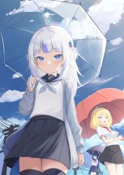 Rule 34 | 3girls, :d, alternate costume, black legwear, black skirt, blonde hair, blue eyes, blue hair, blue sky, blunt bangs, cloud, commentary, day, english commentary, gawr gura, grey jacket, hair ornament, hairclip, halo, highres, holding, holding umbrella, hololive, hololive english, jacket, klaius, long hair, long sleeves, looking at viewer, multicolored hair, multiple girls, ninomae ina&#039;nis, open clothes, open jacket, open mouth, outdoors, pleated skirt, power lines, purple umbrella, red umbrella, school uniform, short hair, short sleeves, skirt, sky, smile, streaked hair, thighhighs, transparent, transparent umbrella, two-tone hair, two side up, umbrella, virtual youtuber, watson amelia, white hair