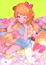 Rule 34 | 3girls, animal ears, artist request, blonde hair, bow, braid, candy, character request, clock, highres, kneehighs, multiple girls, pom pom (clothes), print shirt, red theme, shirt, short hair, sitting, sleepy, socks, toy, wrapped candy
