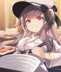 Rule 34 | 1girl, absurdres, azur lane, black hair, black ribbon, bowl, breasts, buttons, chopsticks, cleavage, closed mouth, coat dress, commentary, detached collar, double-breasted, dress, eyebrows hidden by hair, fang, food, from below, hair ribbon, hat, highres, holding, holding chopsticks, indoors, korean commentary, large breasts, left-handed, long hair, long sleeves, looking down, mixed-language commentary, noodles, one side up, pamiat merkuria (azur lane), purple eyes, rabe26k, ramen, ribbon, sidelocks, sitting, skin fang, smile, solo, underbust, upper body, white dress, white hat