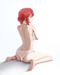 Rule 34 | 1girl, absurdres, ass, back, barefoot, brown eyes, choker, commentary, covering breasts, covering privates, english commentary, eyelashes, feet, from behind, grey background, hair ornament, highres, himeko (honkai: star rail), honkai: star rail, honkai (series), lace trim, legs, looking back, mawaw, on ground, panties, parted lips, red hair, shadow, sitting, soles, solo, thighs, toes, underwear, undone bra, wariza, white choker, white panties