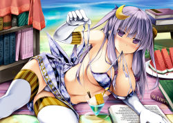 Rule 34 | 1girl, beach, bikini, blush, book, bookshelf, breasts, cleavage, crescent, crescent hair ornament, drink, elbow gloves, food, fruit, gloves, hair ornament, kai yuuki, large breasts, long hair, looking at viewer, lying, mouth hold, on side, open book, patchouli knowledge, pocky, purple eyes, purple hair, sarong, solo, swimsuit, thighhighs, touhou, untied bikini, watermelon, white gloves, white thighhighs