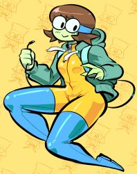 Rule 34 | 1girl, :&gt;, aged up, aqua footwear, black eyes, blush, bodysuit, boots, breasts, brown hair, cable, character print, colored skin, commentary, dendy (ok k.o.!), drawstring, facing viewer, glasses, green skin, holding, holding cable, hood, hood down, hoodie, k.o. (ok k.o.!), kappa, latex, looking at viewer, monster girl, newtype hero, ok k.o.! let&#039;s be heroes, shiny clothes, small breasts, smile, solo, thigh boots, thighhighs, yellow background, yellow bodysuit, yellow theme, zipper, zipper pull tab