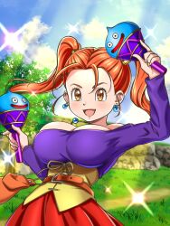 Rule 34 | 1girl, bare shoulders, breasts, cleavage, dragon quest, dragon quest viii, dress, earrings, highres, instrument, jessica albert, jewelry, large breasts, maracas, mitsuju you, necklace, open mouth, smile, solo