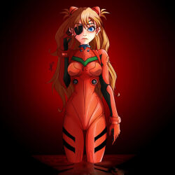 Rule 34 | 1girl, blue eyes, bodysuit, breasts, brown hair, evangelion: 3.0 you can (not) redo, expressionless, eyepatch, highres, interface headset, lips, long hair, looking at viewer, medium breasts, neon genesis evangelion, plugsuit, rebuild of evangelion, red bodysuit, shiny clothes, skin tight, solo, souryuu asuka langley, theanimalart