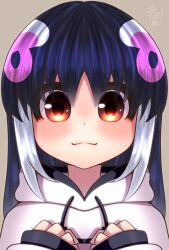 Rule 34 | 1girl, african penguin (kemono friends), black hair, closed mouth, grey background, highres, hikarikmy, hood, hoodie, kemono friends, kemono friends v project, long hair, looking at viewer, multicolored hair, penguin girl, pink hair, red eyes, simple background, solo, straight hair, upper body, virtual youtuber, white hair