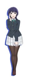 Rule 34 | 1girl, asaka karin, black jacket, blue eyes, blue hair, blunt bangs, brown footwear, brown pantyhose, collared shirt, full body, green ribbon, hand on own cheek, hand on own face, jacket, loafers, long sleeves, looking at viewer, love live!, love live! nijigasaki high school idol club, medium hair, neck ribbon, nijigasaki academy school uniform, official art, open mouth, pantyhose, plaid, plaid skirt, pleated skirt, ribbon, school uniform, shirt, shoes, skirt, solo, standing, transparent background, white shirt, white skirt, winter uniform