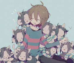 Rule 34 | 1other, androgynous, animal ears, bad id, bad pixiv id, blue background, brown hair, closed eyes, frisk (undertale), grey hair, higa423, highres, long sleeves, open mouth, pants, shirt, short hair, simple background, smile, striped clothes, striped shirt, sweatdrop, temmie, undertale