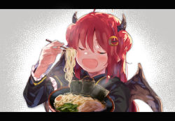 Rule 34 | 1girl, :d, black capelet, black dress, blush, bowl, brown wings, capelet, chopsticks, closed eyes, commentary request, crescent, crescent hair ornament, demon girl, demon horns, demon wings, dress, food, frilled capelet, frills, hair between eyes, hair ornament, highres, holding, holding bowl, holding chopsticks, horns, lamb (hitsujiniku), letterboxed, long hair, long sleeves, nijisanji, noodles, open mouth, ramen, red hair, smile, solo, steam, two side up, upper body, virtual youtuber, wings, yuzuki roa