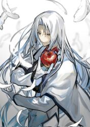 Rule 34 | 1boy, apple, black ribbon, closed mouth, feathers, food, formal, fruit, gloves, hand up, jacket, long hair, neros satanail, pants, paradise lost, purple eyes, ribbon, shinza bansho series, smile, suit, white gloves, white hair, white jacket, white pants, white suit