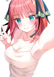 1girl absurdres armpits bare_shoulders blue_eyes blunt_bangs blurry blush breasts cleavage closed_mouth collarbone commentary_request depth_of_field go-toubun_no_hanayome hair_between_eyes hair_ornament hair_ribbon highres large_breasts long_hair looking_at_viewer nakano_nino no_bra rei_(ilust9999) ribbon selfie simple_background smile solo v white_background