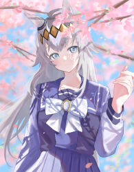 Rule 34 | 1girl, absurdres, ahoge, animal ears, blue eyes, blue sky, bow, branch, closed mouth, commentary request, day, flower, grey hair, ha (hura76752775), hand up, highres, horse ears, long hair, long sleeves, looking at viewer, multicolored hair, oguri cap (umamusume), outdoors, pink flower, pleated skirt, puffy long sleeves, puffy sleeves, purple shirt, purple skirt, shirt, skirt, sky, smile, solo, two-tone hair, umamusume, very long hair, white bow, white hair