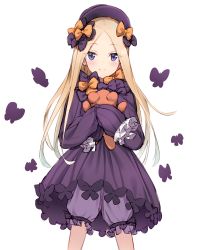 Rule 34 | 1girl, abigail williams (fate), black bow, black dress, black hat, blonde hair, bloomers, blush, bow, bug, butterfly, closed mouth, dress, fate/grand order, fate (series), forehead, hair bow, hat, hugging object, insect, long hair, long sleeves, looking at viewer, orange bow, parted bangs, polka dot, polka dot bow, purple eyes, simple background, sleeves past fingers, sleeves past wrists, smile, solo, stuffed animal, stuffed toy, teddy bear, underwear, very long hair, white background, white bloomers, yukarite