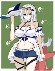 Rule 34 | 1girl, absurdres, arknights, bare shoulders, black choker, blue shorts, border, breasts, choker, cleavage, commentary, cowboy shot, eyewear on head, green background, hat, highres, holding, holding clothes, holding hat, holding stuffed toy, katsuhiko (bone hiko), long hair, looking at viewer, low-tied long hair, medium breasts, navel, off-shoulder shirt, off shoulder, official alternate costume, red eyes, shirt, short shorts, shorts, silver hair, skadi (arknights), skadi (waverider) (arknights), solo, standing, stomach, stuffed animal, stuffed orca, stuffed toy, sun hat, sunglasses, swimsuit, thigh strap, thighs, unworn hat, unworn headwear, very long hair, white background, white border, white hat, white shirt