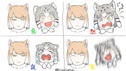 Rule 34 | 2girls, :|, ^ ^, akicantsumikoto, angry, animal ears, black hair, blush, brown hair, cat ears, cat girl, closed eyes, closed mouth, crying, crying with eyes open, expression chart, expressionless, expressions, face, fangs, fox ears, fox girl, fur collar, furrowed brow, grey hair, happy, highres, kemono friends, light brown hair, light smile, medium hair, motion blur, multicolored hair, multiple girls, open mouth, pallas&#039;s cat (kemono friends), parted bangs, sad, smile, sparkle, tears, tibetan fox (kemono friends), translation request, twitter username, two-tone hair, white hair, wide-eyed, yellow eyes