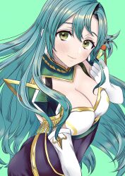 Rule 34 | 1girl, aqua hair, armor, blush, breasts, chloe (fire emblem), cleavage, commentary request, elbow gloves, fire emblem, fire emblem engage, gloves, green background, green eyes, highres, long hair, looking at viewer, medium breasts, nintendo, one side up, roroichi, shoulder armor, solo, upper body, very long hair, white gloves