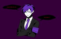 Rule 34 | armband, black sweater, brown eyes, closed eyes, collared shirt, commentary, english commentary, lobotomy corporation, male focus, necktie, open mouth, project moon, purple armband, purple background, purple hair, purple necktie, shirt, short hair, simple background, solo a, speech bubble, sweat, sweater, translation request, turtleneck, turtleneck sweater, white shirt, yesod (project moon)