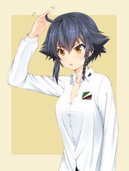 Rule 34 | 10s, 1girl, adjusting hair, ahoge, anzio school uniform, black hair, braid, brown eyes, commentary request, dress shirt, emblem, girls und panzer, highres, long sleeves, looking to the side, motion lines, open mouth, partial commentary, pepperoni (girls und panzer), ruka (piyopiyopu), school uniform, shirt, short hair, side braid, solo, standing, sweatdrop, unbuttoned, unbuttoned shirt, upper body, white shirt, wing collar, yellow background