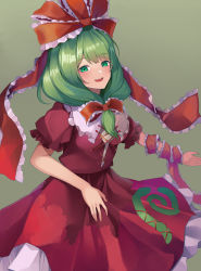 Rule 34 | 1girl, :d, absurdres, blunt bangs, blush, bow, dress, frills, front ponytail, green eyes, green hair, grey background, hair bow, highres, kagiyama hina, koizumo, long hair, looking at viewer, open mouth, red bow, red dress, simple background, smile, solo, touhou