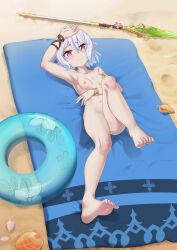 Rule 34 | 1girl, absurdres, antenna hair, aqua innertube, arm under breasts, armlet, armpits, beach, blush, bracelet, breasts, collarbone, completely nude, elf, feet, from above, full body, hair between eyes, hand on own head, highres, jewelry, knee up, kokkoro (princess connect!), kokkoro (summer) (princess connect!), looking at viewer, lying, navel, nipples, nude, on back, outdoors, pointy ears, polearm, princess connect!, purple eyes, sand, seashell, shell, shiny skin, short hair, shuijiaojun, small breasts, solo, spear, toes, wavy mouth, weapon, white hair
