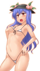 Rule 34 | 1girl, areola slip, bikini, blue hair, blush, breasts, covered erect nipples, food, front-tie bikini top, front-tie top, fruit, hat, highres, hinanawi tenshi, long hair, looking at viewer, micro bikini, navel, open mouth, peach, red eyes, side-tie bikini bottom, simple background, small breasts, smile, solo, swimsuit, touhou, white background, white bikini, yoshi tama