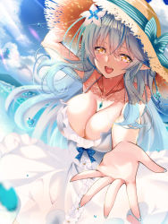 Rule 34 | 1girl, bare shoulders, blue hair, blue nails, blush, breasts, cleavage, collarbone, diffraction spikes, dress, flower, frilled dress, frills, hair between eyes, hair flower, hair ornament, half updo, hat, highres, holding, holding clothes, holding hat, hololive, jewelry, large breasts, long hair, looking at viewer, mizuno kurage, nail polish, necklace, open mouth, pointy ears, reaching, reaching towards viewer, sky, smile, solo, straw hat, sundress, sunlight, virtual youtuber, water, white dress, yellow eyes, yukihana lamy