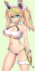 Rule 34 | 1girl, absurdres, aqua eyes, aqua hair, asamura hiori, bare shoulders, bikini, bikini top only, blonde hair, bracelet, breasts, cleavage, cleavage cutout, closed mouth, clothing cutout, collarbone, contrapposto, covered erect nipples, eyelashes, gene (pso2), gluteal fold, green background, green hair, hair between eyes, headgear, highres, huge breasts, jewelry, large breasts, looking at viewer, multicolored hair, navel, phantasy star, phantasy star online 2, revision, shiny skin, simple background, smile, solo, standing, stomach, streaked hair, swimsuit, thigh strap, twintails, white bikini