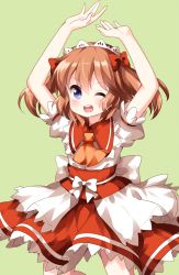 Rule 34 | 1girl, ;d, arms up, ascot, bow, brown hair, green background, hair bow, highres, long hair, looking at viewer, one eye closed, open mouth, orange ascot, puffy short sleeves, puffy sleeves, purple eyes, red bow, round teeth, ruu (tksymkw), short sleeves, simple background, smile, solo, sunny milk, teeth, touhou, two side up, v-shaped eyebrows