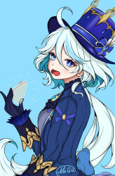 Rule 34 | 1girl, ahoge, bessu216, blue background, blue eyes, blue gloves, blue hair, blue hat, blue jacket, cake, commentary, crying, crying with eyes open, food, furina (genshin impact), genshin impact, gloves, hair between eyes, hat, highres, jacket, long hair, long sleeves, looking at viewer, multicolored hair, open mouth, simple background, solo, streaked hair, tears, top hat, upper body, very long hair