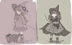 Rule 34 | 2girls, bird, black hair, blush, boots, bow, brown hair, cat, cloak, closed mouth, commentary, dress, english commentary, fairyapple, full body, grey eyes, hat, long hair, long sleeves, multiple girls, original, simple background, sketch, smile, witch hat
