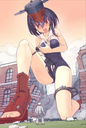 Rule 34 | 1boy, 1girl, asymmetrical hair, black gloves, black hair, black one-piece swimsuit, blush, building, giant, giantess, gloves, hair between eyes, hat, highres, i-13 (kancolle), kantai collection, long sleeves, military, military uniform, naval uniform, one-piece swimsuit, open mouth, partially fingerless gloves, peaked cap, sailor collar, sailor shirt, school swimsuit, seo tatsuya, shirt, short hair, sleeveless, sleeveless shirt, swimsuit, uniform, white sailor collar, white shirt, yellow eyes