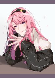 Rule 34 | 1boy, black jacket, bow, crossdressing, fingernails, hair bow, hair ornament, hairband, highres, holostars, jacket, leaning forward, letterboxed, lips, long hair, looking at viewer, male focus, off shoulder, pink hair, purple eyes, simple background, smile, so ta zzz, solo, sparkle, steepled fingers, sweater, table, tsukishita kaoru, turtleneck, turtleneck sweater, virtual youtuber, white background, white sweater, x hair ornament