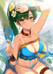 Rule 34 | 1girl, absurdres, arm up, ball, bare shoulders, beachball, bikini, blue bikini, blush, breasts, cleavage, collarbone, cup, day, drinking glass, drinking straw, earrings, fire emblem, fire emblem: the blazing blade, fire emblem heroes, flower, green eyes, green hair, groin, hair between eyes, hair flower, hair ornament, hand fan, highres, holding, jewelry, large breasts, lips, long hair, looking at viewer, lyn (fire emblem), lyn (summer) (fire emblem), navel, nintendo, official alternate costume, ormille, outdoors, paper fan, parted lips, ponytail, sitting, smile, solo, stomach, strapless, strapless bikini, sunlight, swimsuit, tan, tanline, teeth, thigh strap, very long hair