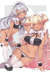 Rule 34 | 2girls, ;d, ahoge, bare arms, bare shoulders, bent over, bikini, black bikini, black footwear, blonde hair, blue eyes, breasts, cleavage, dark-skinned female, dark skin, flat chest, frills, gradient hair, grey hair, groin, hair ornament, hairclip, hand on own thigh, highres, iona (trente), large breasts, long hair, looking at viewer, low twintails, maid, maid bikini, maid headdress, mary janes, multicolored hair, multiple girls, navel, one eye closed, open mouth, original, pink eyes, shoes, sig (trente), sitting, skindentation, smile, standing, stomach, strap pull, string bikini, swimsuit, thighhighs, thighs, trente, twintails, two side up, unconventional maid, very long hair, white legwear, wing collar, wrist cuffs, yokozuwari