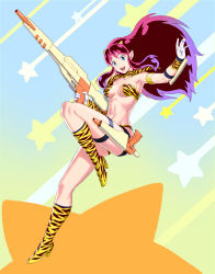 Rule 34 | 1girl, absurdres, animal print, armband, big hair, blue eyes, boots, breasts, commentary, commentary request, energy gun, english commentary, eyeshadow, falling, falling star, fangs, full body, gloves, gradient hair, gun, highres, holding, holding gun, holding weapon, holster, horns, impossible clothes, knee boots, leg up, long hair, long legs, lum, makeup, medium breasts, multicolored hair, navel, oni, open mouth, pink hair, pointy ears, purple hair, ray gun, rifle, shoulder pads, sidelocks, smile, solo, star (symbol), starry background, thigh holster, tiger print, trigger discipline, urusei yatsura, weapon, white gloves, yoshimura ken&#039;ichirou