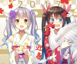 Rule 34 | 2017, 2girls, alexmaster, animal, animal print, bird, blue eyes, blush, checkered background, chick, chick print, chicken, chinese zodiac, feathers, floral background, floral print, flower, hair between eyes, hair flower, hair ornament, hair ribbon, happy new year, highres, holding, holding animal, japanese clothes, kanzashi, kimono, long hair, long sleeves, looking at another, looking down, multiple girls, nengajou, new year, obi, open mouth, original, pink ribbon, purple flower, red kimono, ribbon, rooster, sash, silver hair, smile, surprised, teeth, translated, twintails, upper body, wavy hair, wavy mouth, white kimono, wide sleeves, year of the rooster, yellow eyes