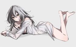 Rule 34 | 1girl, arm support, ass, bare shoulders, barefoot, black camisole, blush, camisole, closed mouth, crossed ankles, dlckrpwjd111, dot nose, expressionless, feet, feet up, from side, grey hair, hair between eyes, honkai: star rail, honkai (series), long hair, long sleeves, looking at viewer, lying, no pants, off shoulder, on stomach, own hands together, shirt, simple background, solo, stelle (honkai: star rail), toes, trailblazer (honkai: star rail), white background, white shirt, yellow eyes