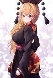 Rule 34 | 1girl, black dress, blonde hair, breasts, chinese clothes, crescent, dress, highres, junko (touhou), large breasts, long hair, looking at viewer, orchid (orukido), phoenix crown, red eyes, simple background, solo, tabard, touhou, wide sleeves